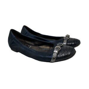 AGL Womens Ballet Flats Shoes Blue Black Leather Slip On Buckle Cap Toe 8 EUR 38